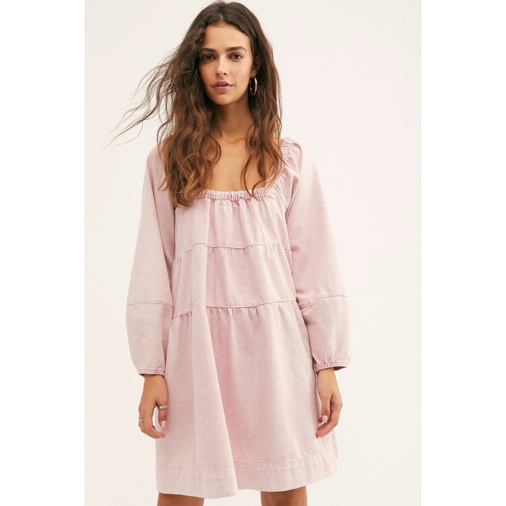 Free People Lou Jean Babydoll Puff Sleeve Tiered Denim Mini Dress in Light Pink